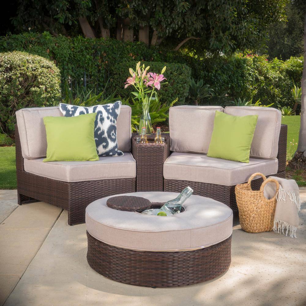 Noble House  4-Piece Plastic Patio Sectional Seating Set with Textured Beige Cushions
