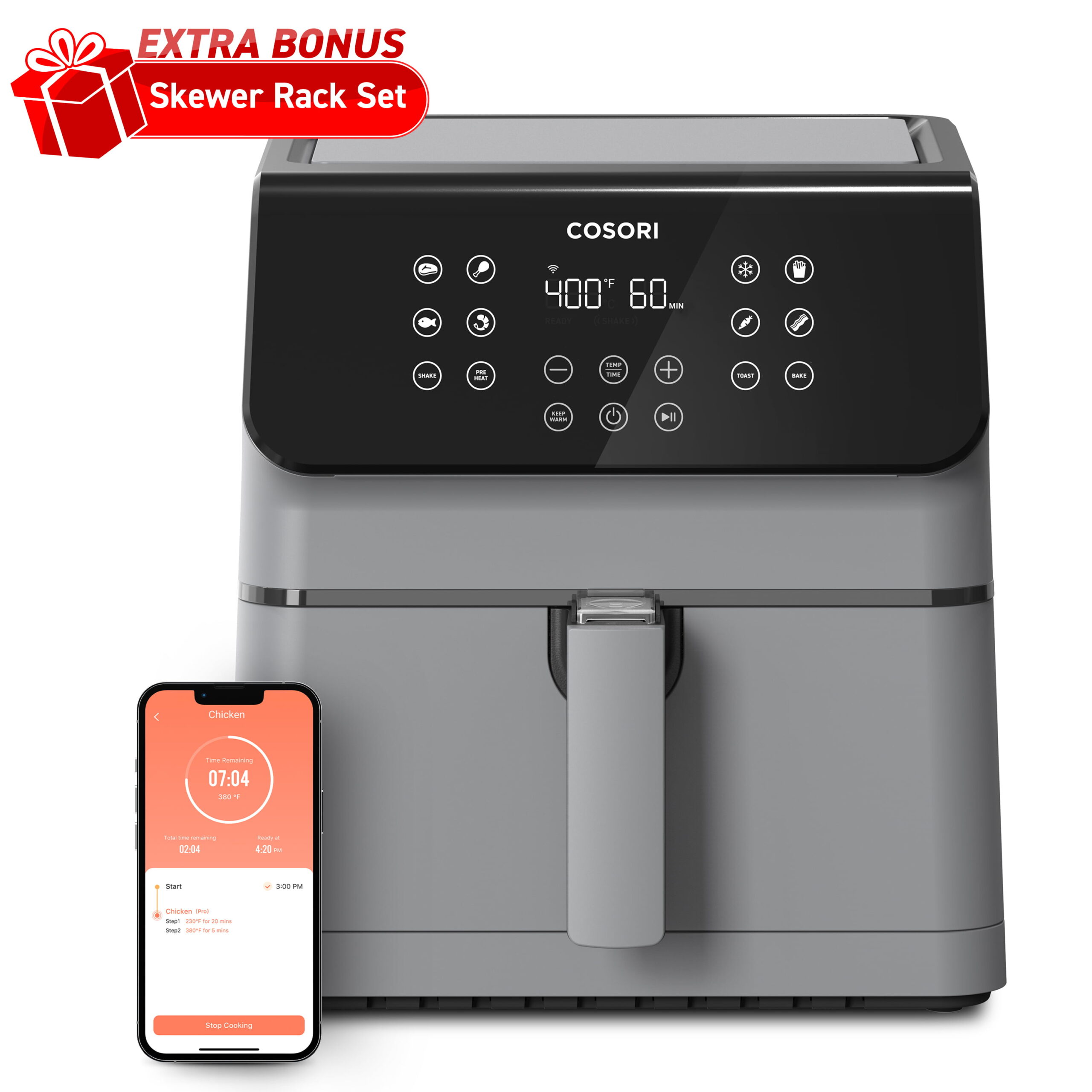 COSORI Pro II 5.8-Quart Smart Air Fryer. Large 12-in-1 Air Fryer. Voice Control. Light Gray