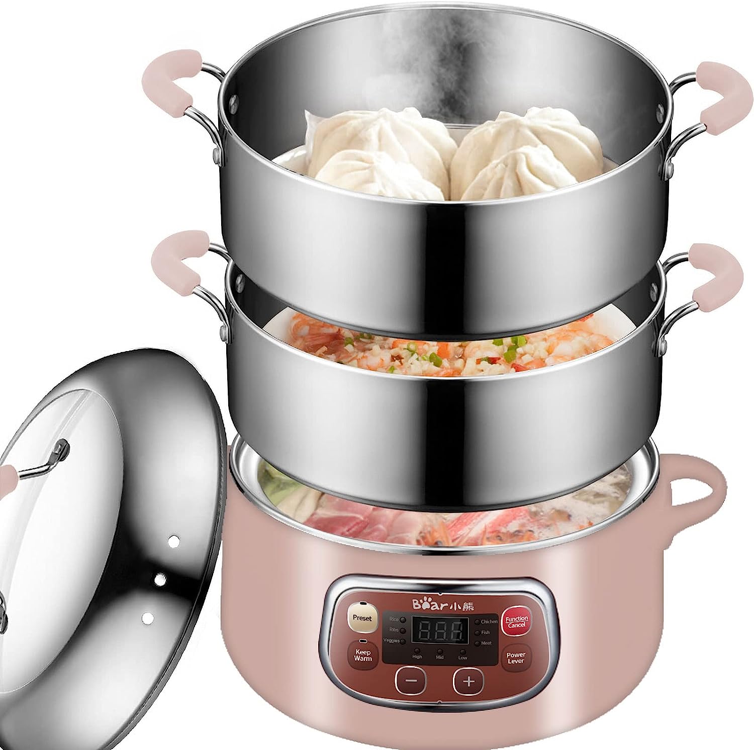 Bear Electric Multifunctional Food Steamer. One Touch Digital Steamer with Timer. Vegetable Steamer 2 Tiered Stackable Stainless Steel Baskets. Auto Shut-off & Anti-dry Protection. 1200W Fast Heating. 8.5Quart. Pink