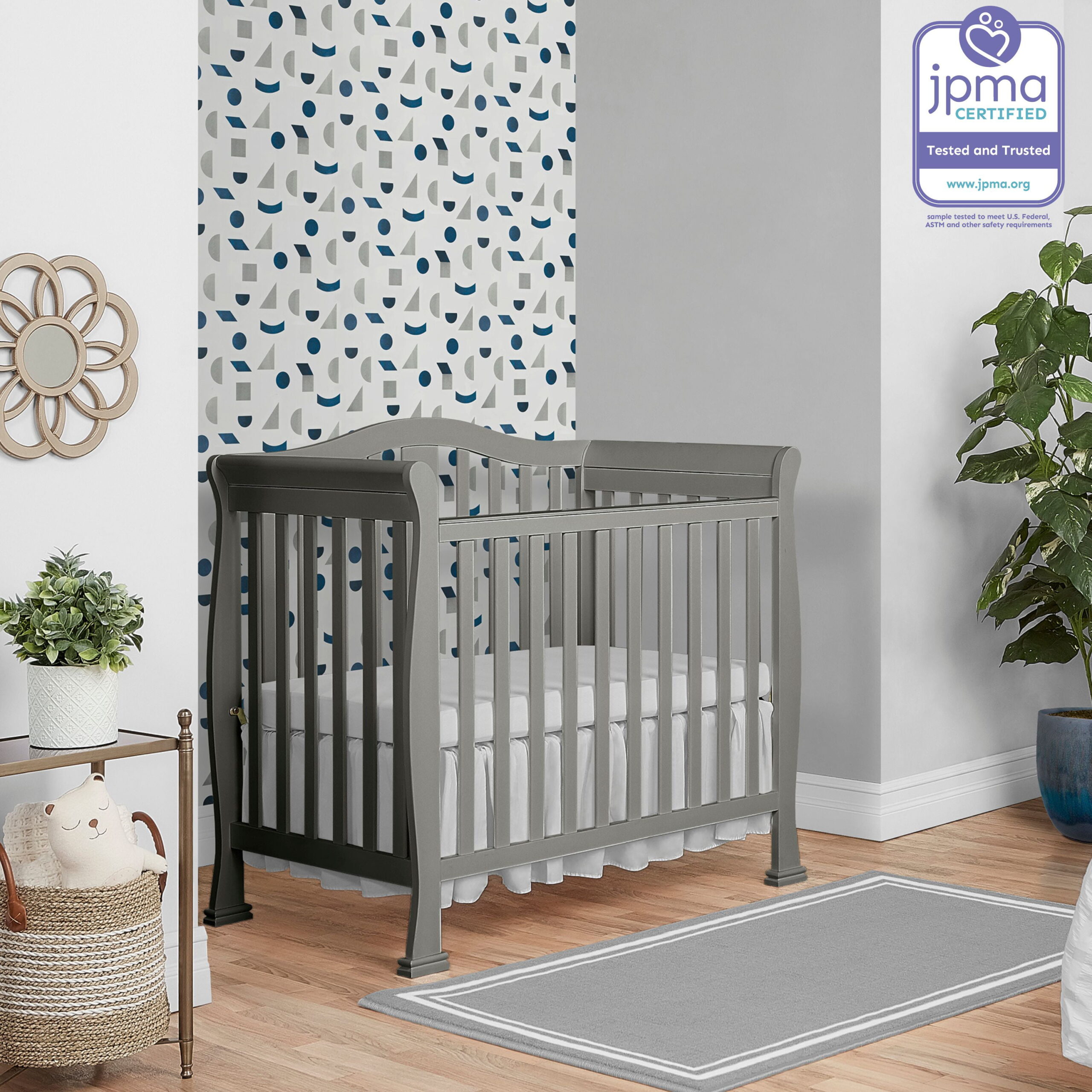 Dream On Me Naples 4-in-1 Convertible Mini Crib. Cool Grey