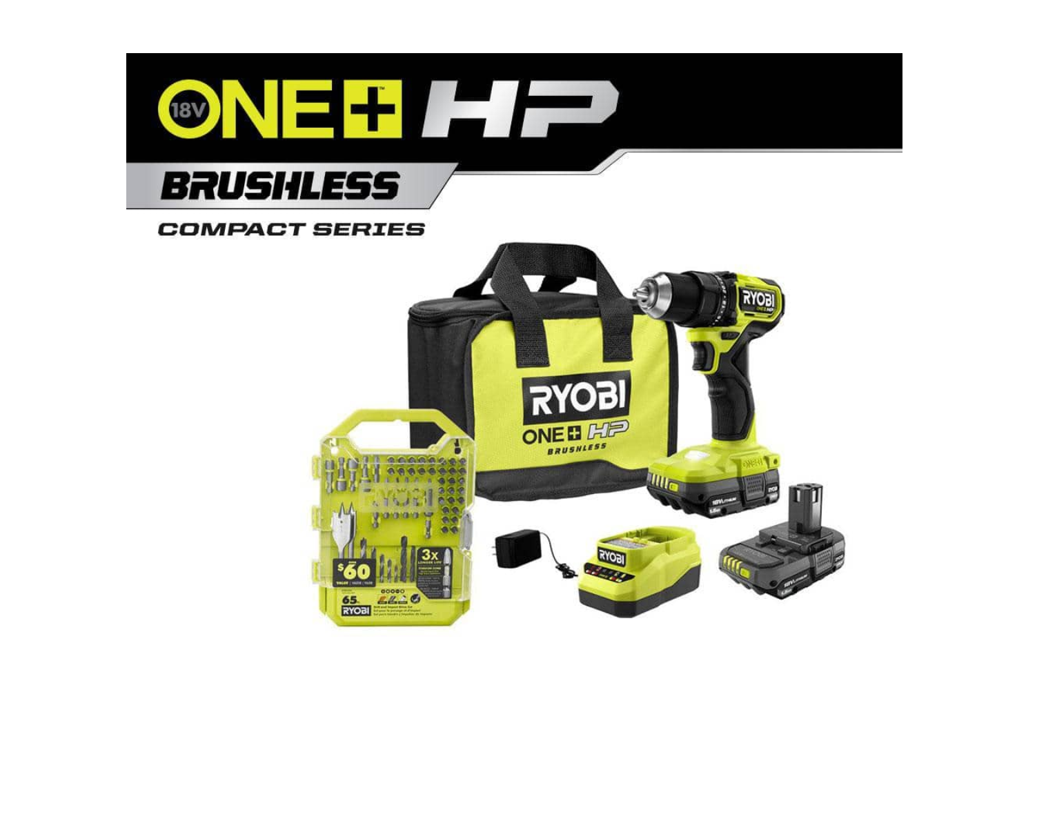 RYOBI PSBDD01K-A986501 ONE+ HP 18V Brushless Cordless Compact 1/2 in. Drill/Driver Kit with (2) 1.5 Ah Batteries. Charger. Bag. & 65PC Bit Set
