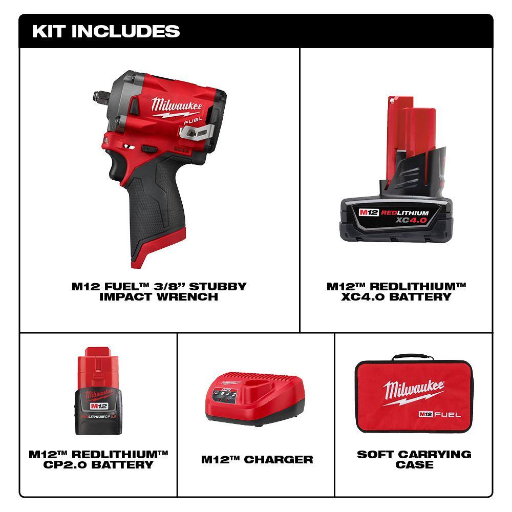 Milwaukee 2554-22-49-66-7009 M12 FUEL 12V Brushless Cordless Stubby 3/8 in. Impact Wrench Kit with 3/8 in. Drive SAE/Metric Socket Set (43-Piece)