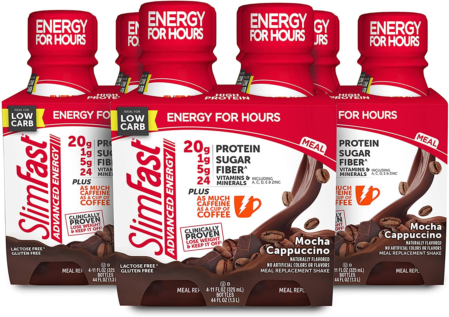SlimFast Advanced Energy High Protein Meal Replacement Shake. Mocha Cappuccino. 20g of Ready to Drink Protein with Caffeine. 11 Fl. Oz Bottle. 4 Count (Pack of 3)