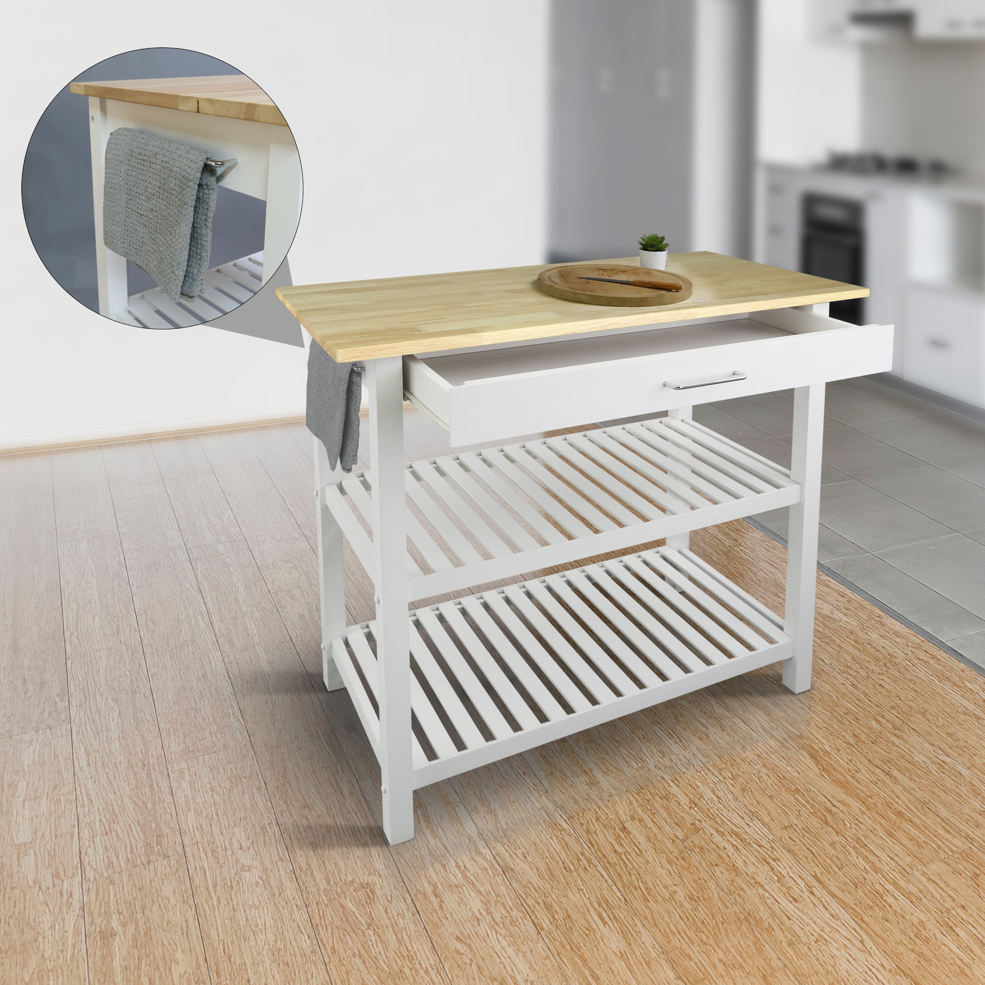 Casual Home Solid Wood 40″W Kitchen Island with Drawer. Two Shelves. and Towel Racks. American Maple Top.&nbsp;Two-Tone Finish (Natural&nbsp;White)