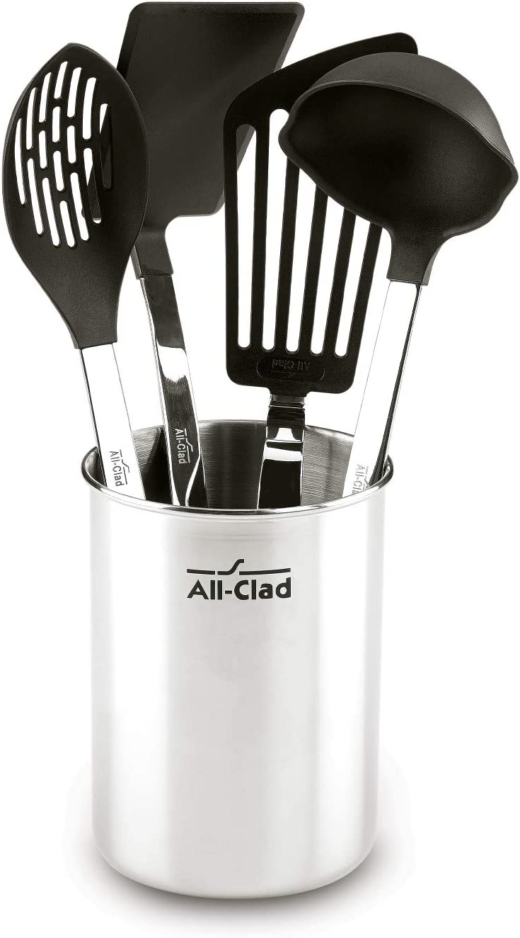 All-Clad Scratch & Heat-Resistant Nylon Tools with Stainless Steel Handles and Caddy. 5-Piece