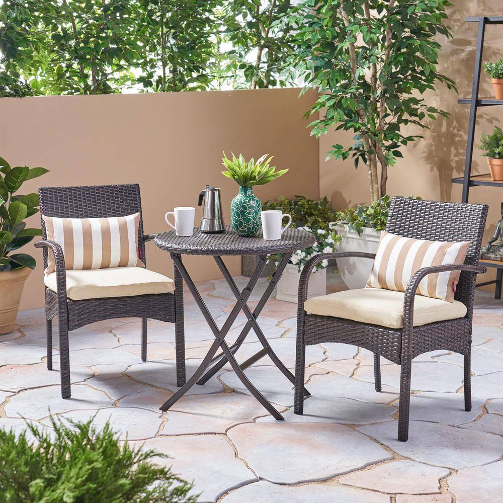 Noble House  Multi-Brown 3-Piece Plastic Outdoor Bistro Set with Cream Cushion
