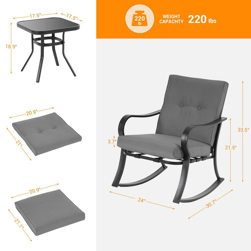 JOYESERY  3-Piece Patio Bistro Set Steel Frame Rocking Chair With Sponge Grey Cushions and Tempered glass table