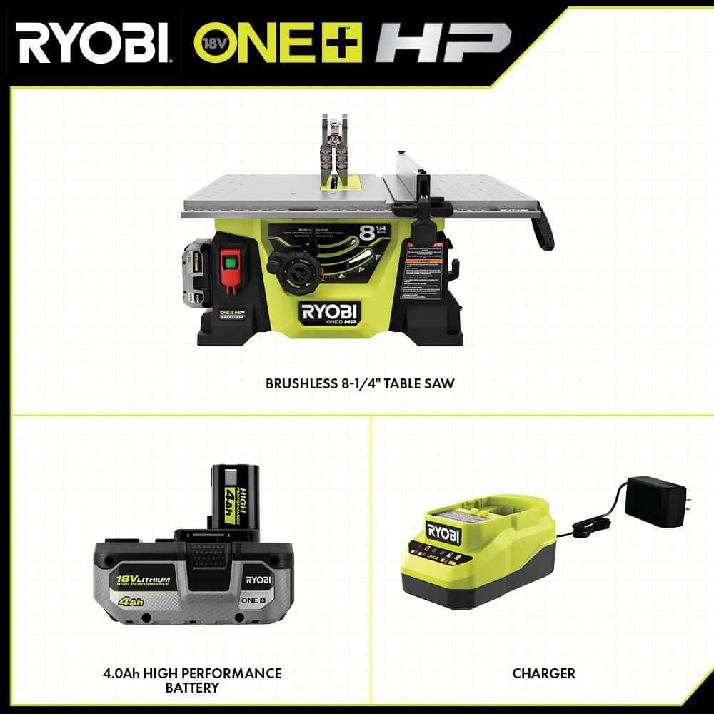 RYOBI PBLTS01K ONE+ HP 18V Brushless Cordless 8-1/4 in. Compact Portable Jobsite Table Saw Kit with (2) 4.0 Ah Batteries and Charger