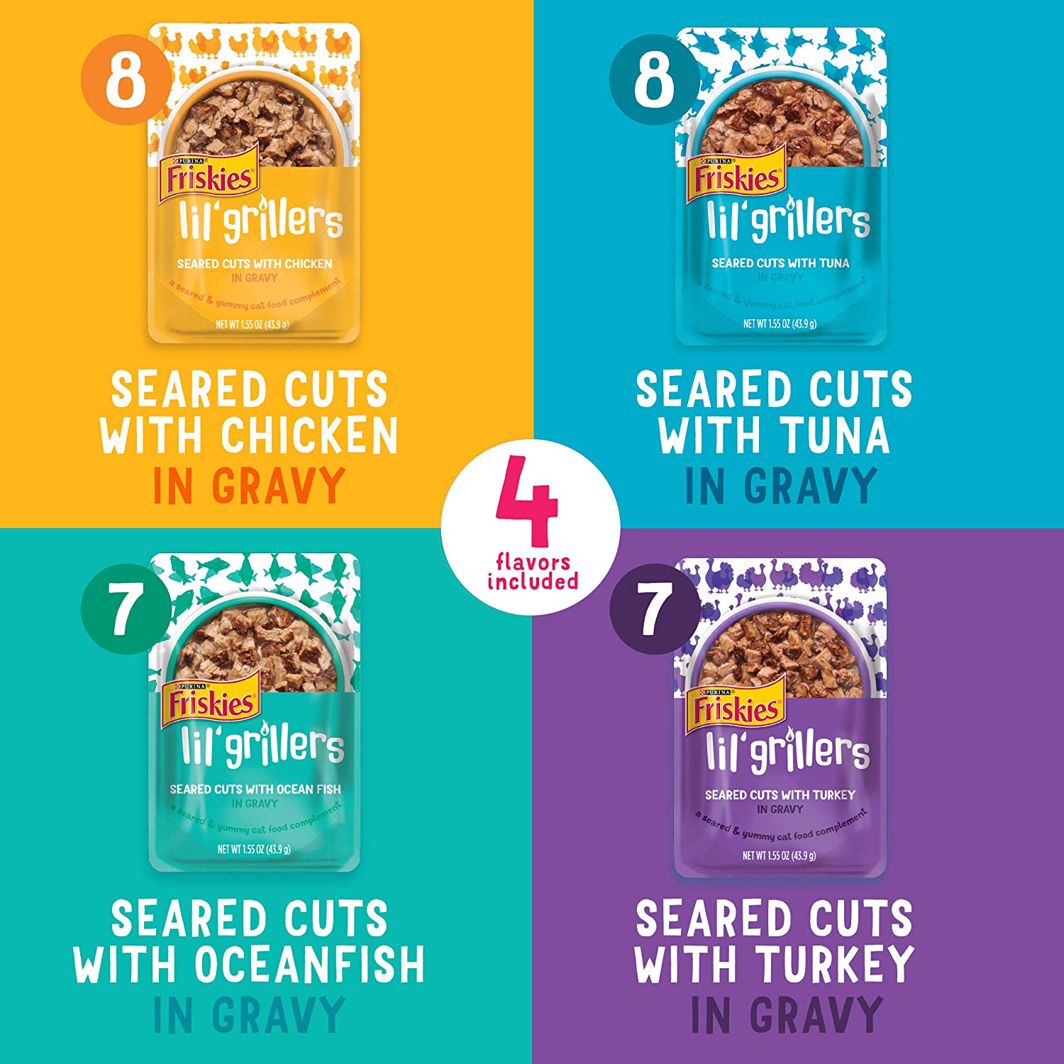 Purina Friskies Gravy Wet Cat Food Complement Variety Pack Lil- Grillers Chicken. Turkey. Ocean Fish & Tuna - (30) 1.55 oz. Pouches