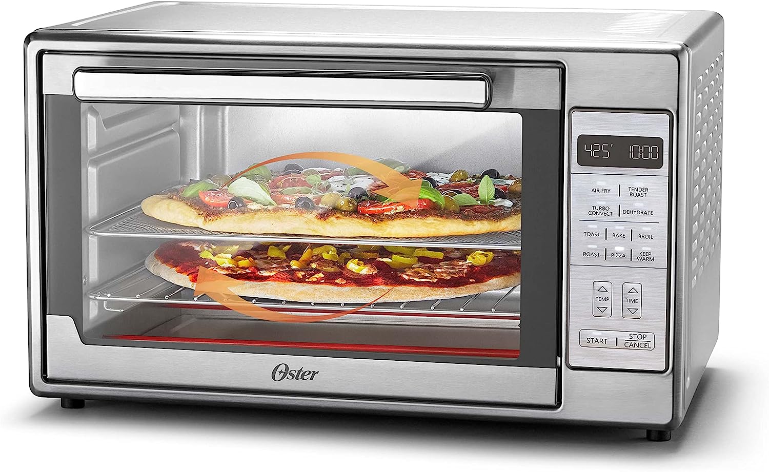 Oster Air Fryer Oven. 10-in-1 Countertop Toaster Oven Air Fryer Combo. 10.5″ x 13″ Fits 2 Large Pizzas. Stainless Steel
