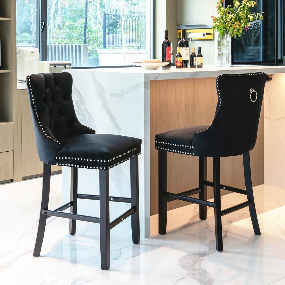 GOJANE  41.30 in. Black Velvet Upholstered Barstools with Button Tufted Decoration and Wooden Legs Set of 2