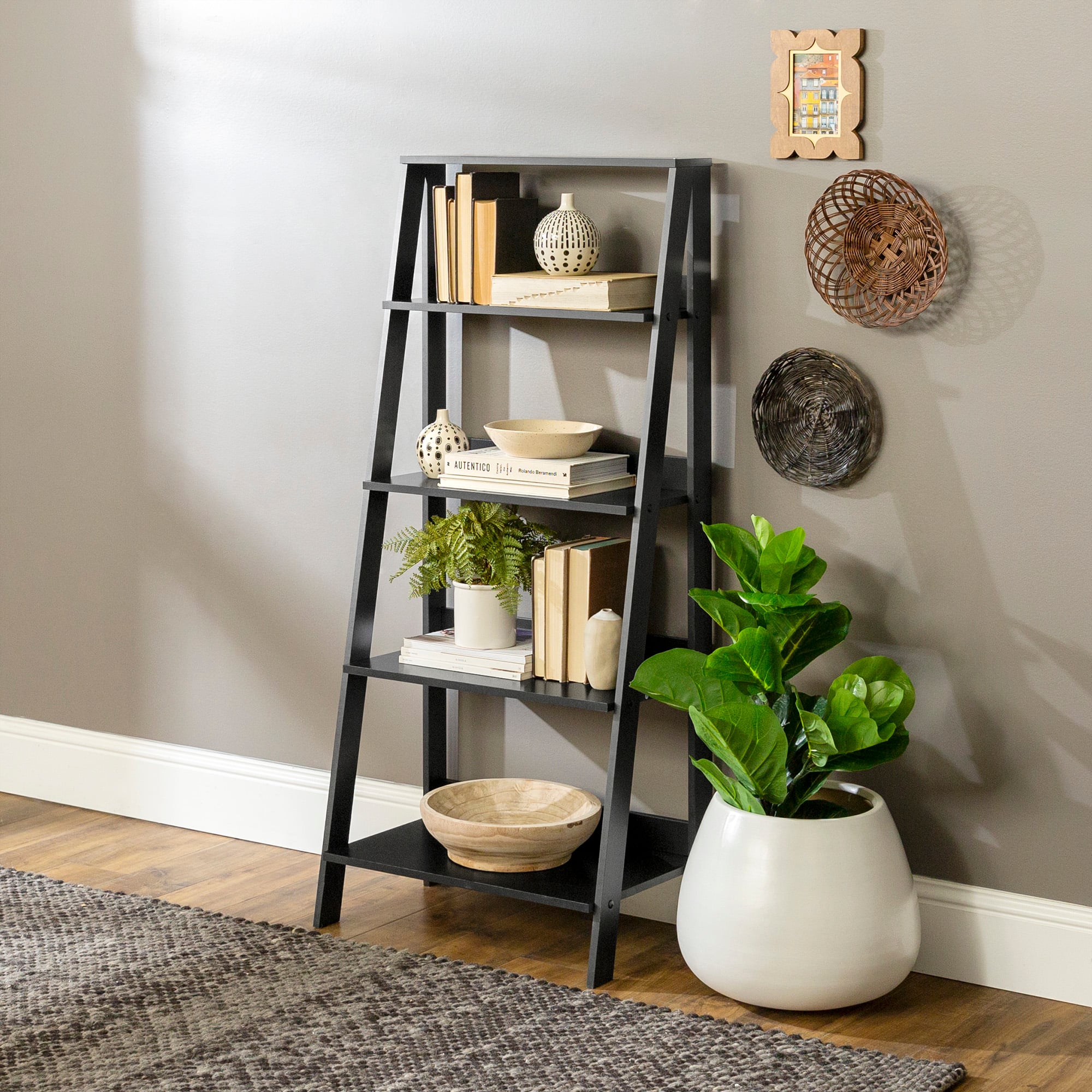 Walker Edison 55″ Black Modern Ladder Bookshelf