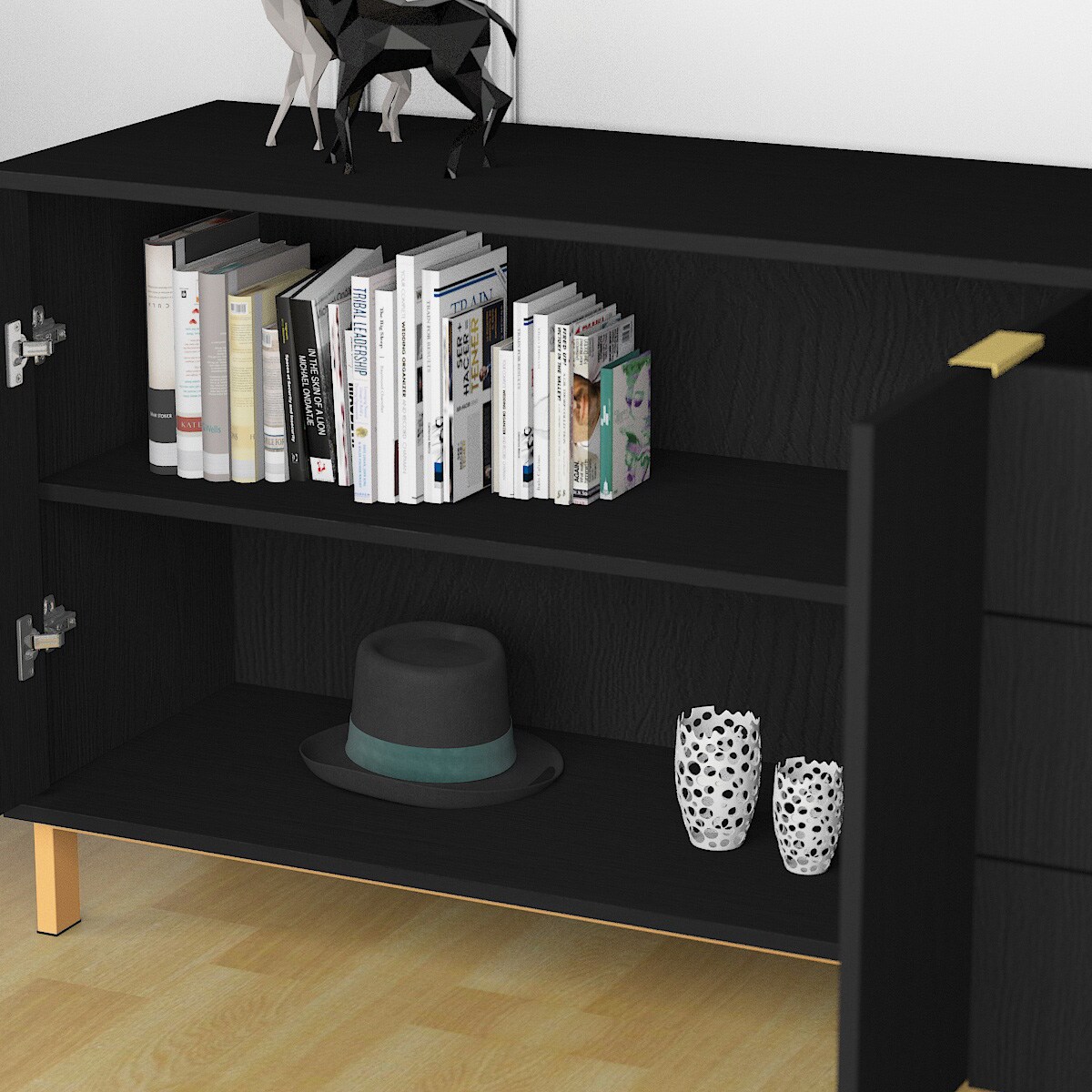 FUFU&GAGA Storage Cabinet 62.9-in W x 27.5-in H Wood Composite Black Freestanding Utility Storage Cabinet