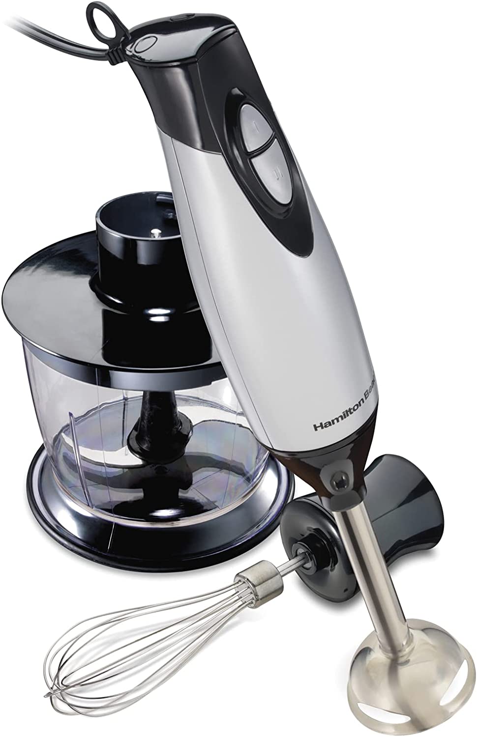 Hamilton Beach 59765 Immersion Hand Blender with Blending Wand. Whisk and 3-Cup Food Chopping Bowl. 3-Piece. Silver and Stainless Steel