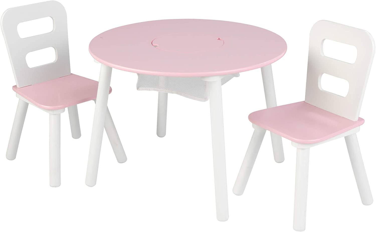 KidKraft Wooden Round Table & 2 Chair Set with Center Mesh Storage- Pink & White. 23.5 x 23.5 x 17.2