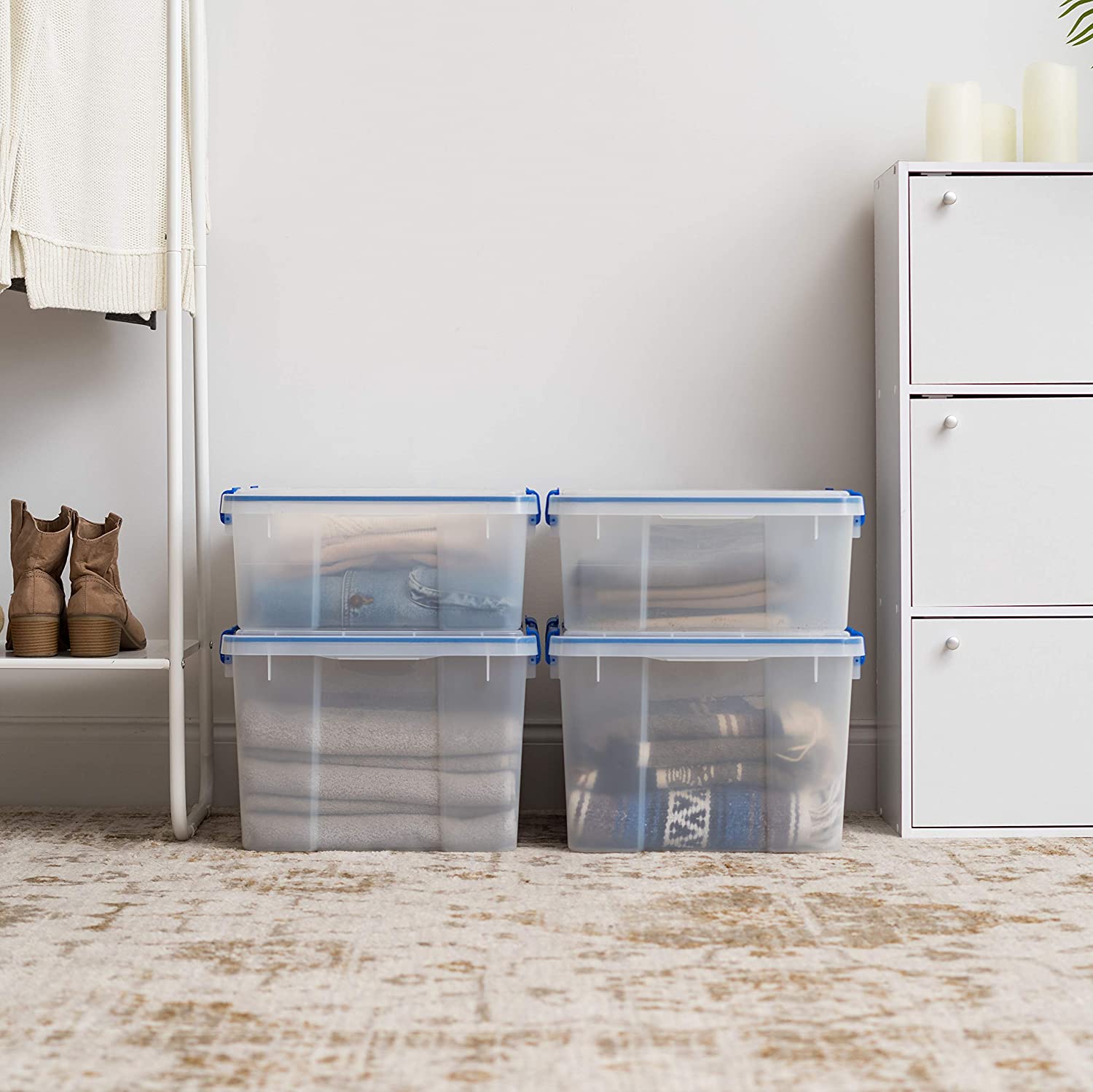 IRIS USA 26.5 & 44 Quart Combo WEATHERPRO Plastic Storage Box with Durable Lid and Seal and Secure Latching Buckles. Clear With Blue Buckles. Weathertight. 4 Pack