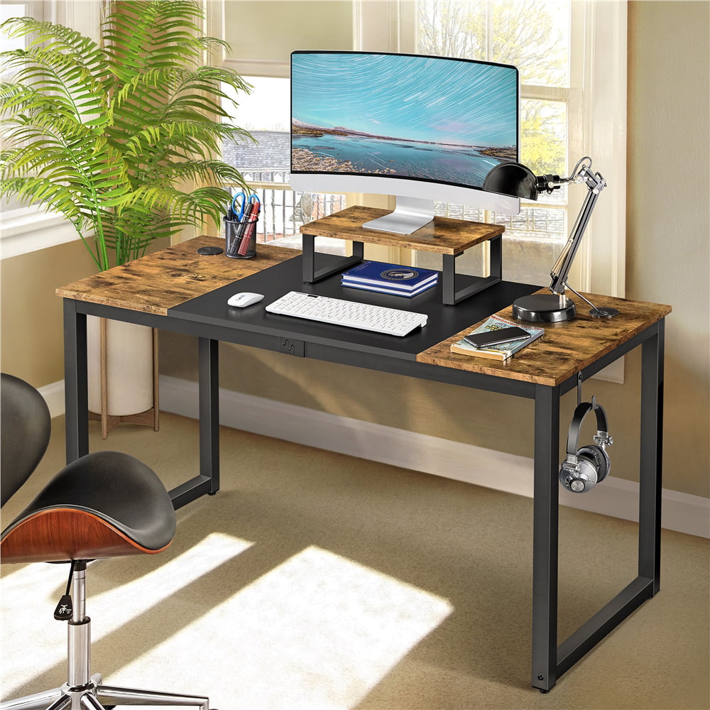 Easyfashion Industrial Computer Desk with Monitor Stand. Rustic Brown/Black