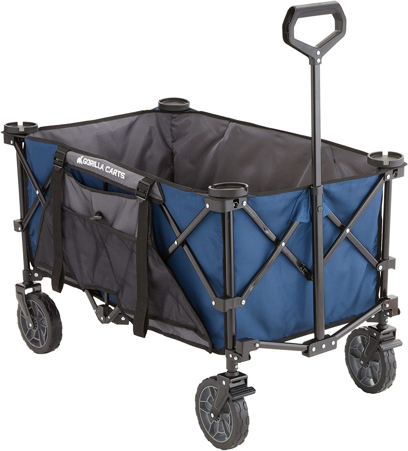 Gorilla Carts 7 Cubic Feet Foldable Collapsible Durable All Terrain Utility Pull Beach Wagon with Oversized Bed and Built in Cup Holders. Blue