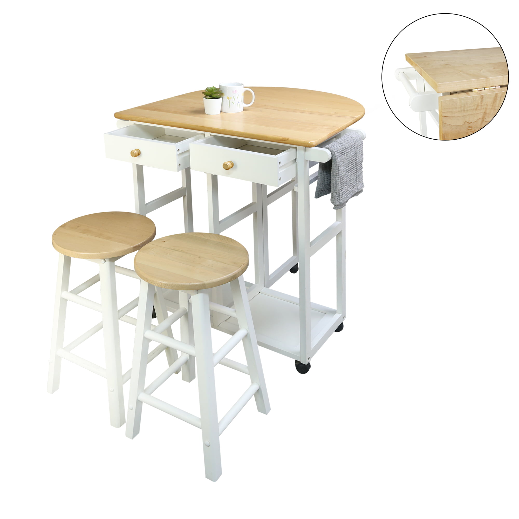 Casual Home New Folding 3-Piece Space Saving Dining Table Rolling Cart with Drawer and Two Stools. Two-Tone Finish (Natural White)