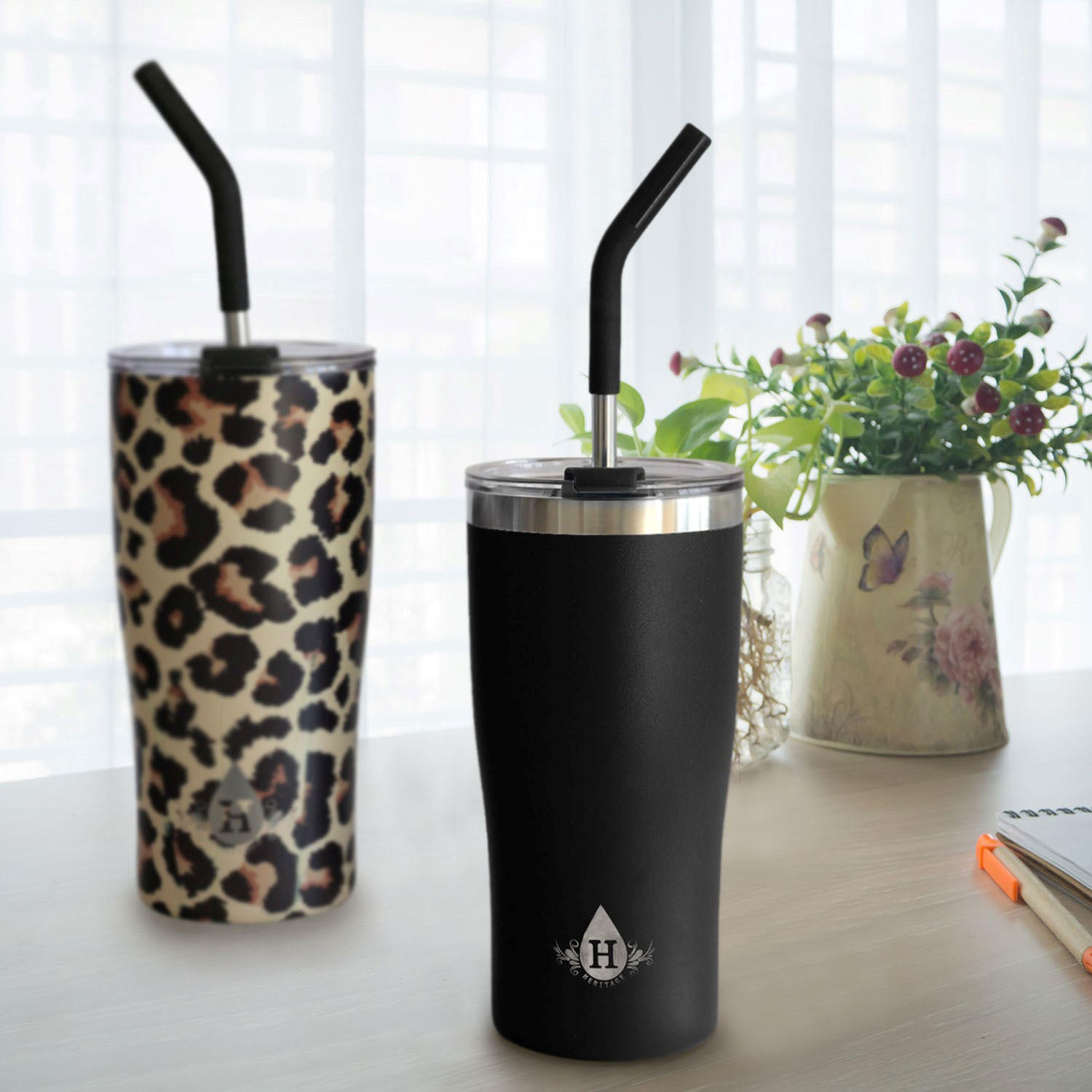 Heritage 20 oz. Double Wall Stainless Steel Tumbler. Set of 2. Black/Leopard