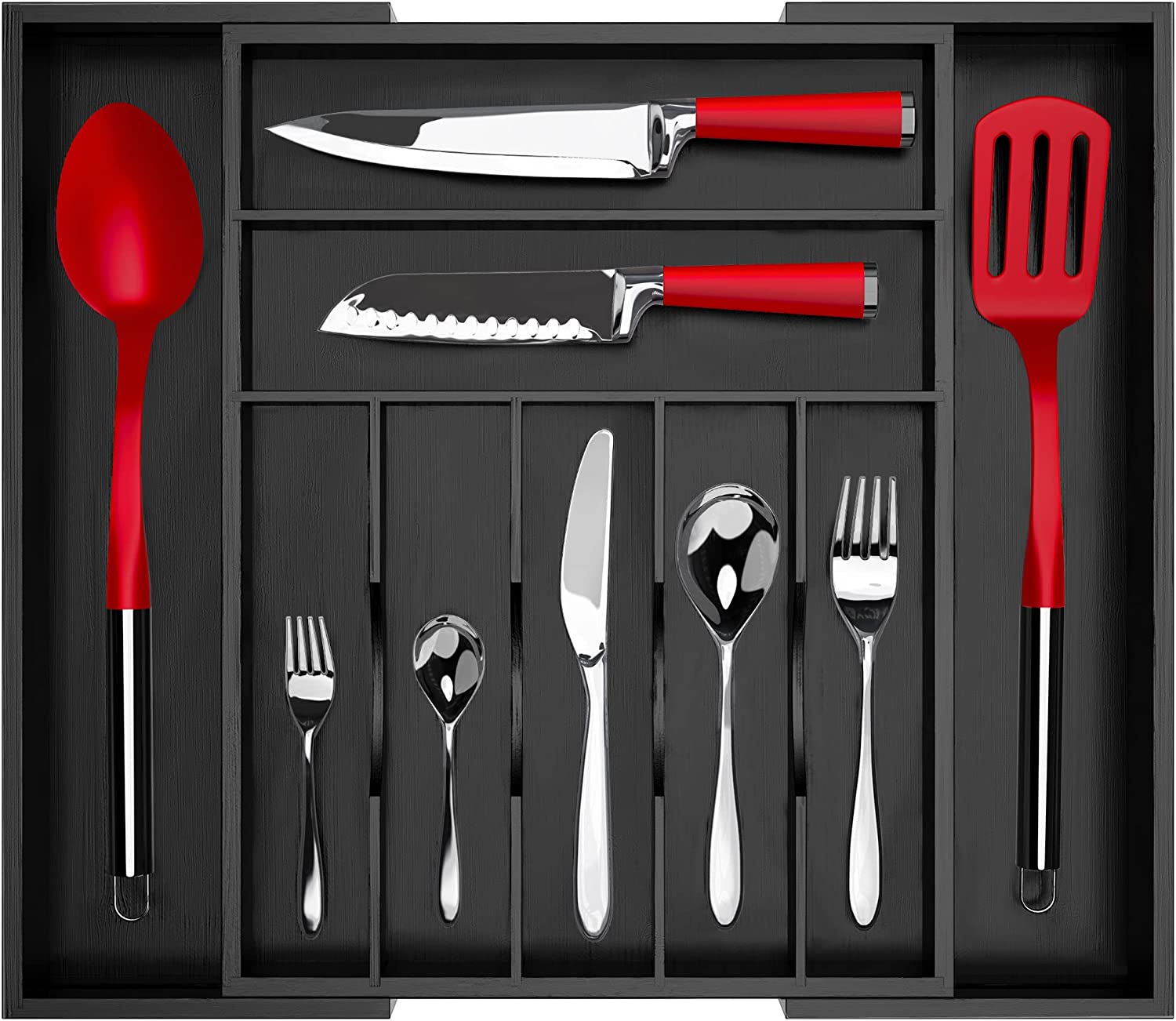 Luxury Bamboo Kitchen Drawer Organizer - Silverware Organizer - Utensil Holder and Cutlery Tray (9 Slot. Black)
