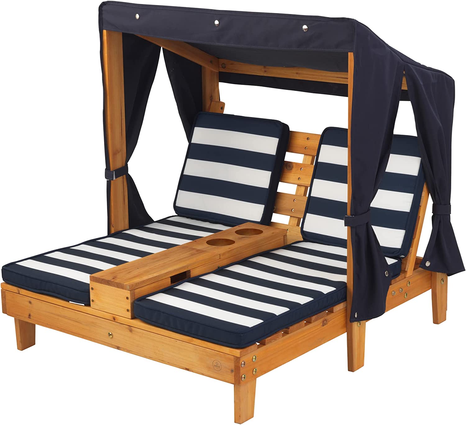 KidKraft Wooden Outdoor Double Chaise Lounge with Cup Holders. Kid-s Patio Furniture. Honey with Navy and White Striped Fabric. Gift for Ages 3-8