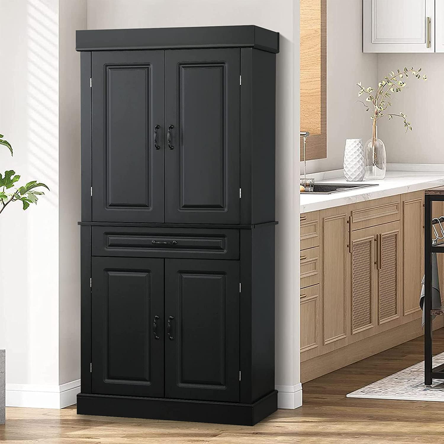 Yoleny 71” Freestanding Kitchen Pantry Cabinet. Tall Storage Cabinet with Drawer and Adjustable Shelves. 2-Door Floor Cupboard for Kitchen Bathroom Study Hallway. Black