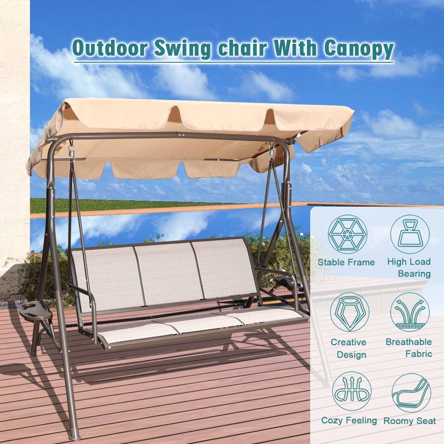 GOLDSUN 3 Person Patio Swing Seat with Adjustable Canopy. All Weather Resistant Hammock Swinging Chair Bench for Patio. Garden. Poolside. Balcony (Taupe)