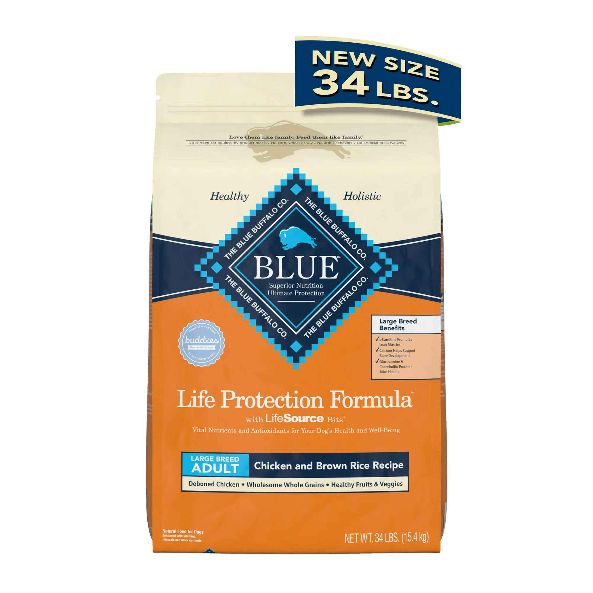 Blue Buffalo Life Protection Formula Chicken and Brown Rice Large Breed Dry Dog Food for Adult Dogs Whole Grain 34 lb. Bag