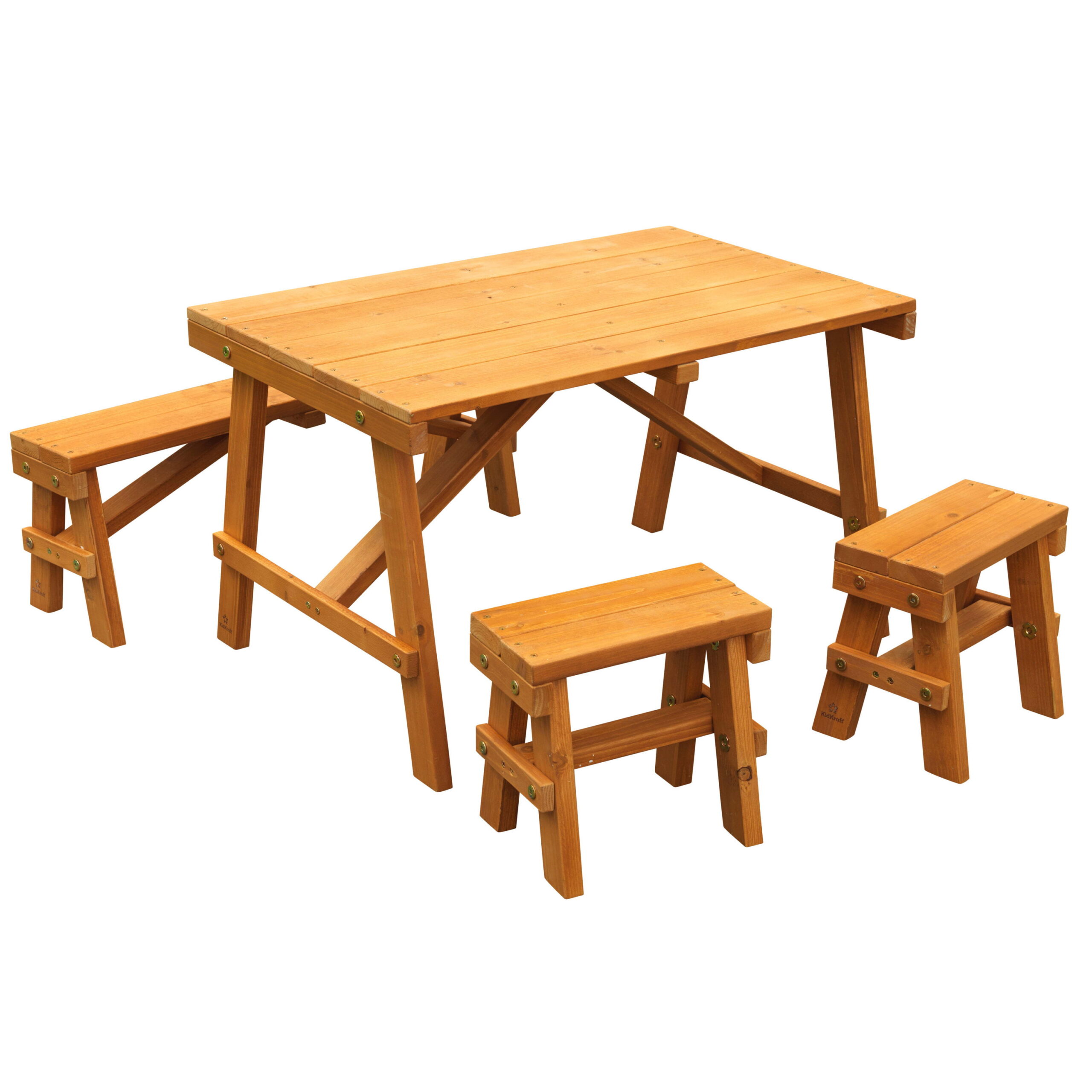 KidKraft Wooden Outdoor Picnic Table with Three Benches. Kids Patio Furniture. Amber