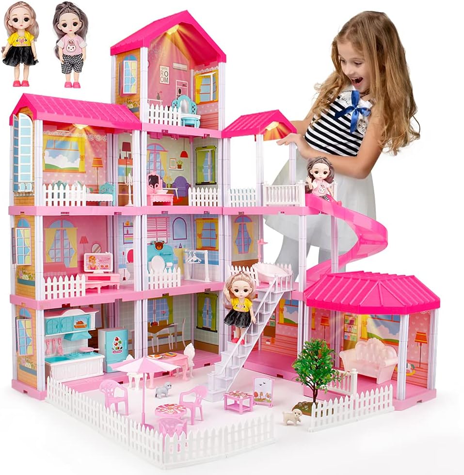 Doll House Kit.Dollhouse with Lights. Slide. Pets and Dolls. DIY Pretend Play Building Playset Toys with Asseccories and Furniture. Princess House for Toddlers. Kids Boy & Girl (11 Rooms)