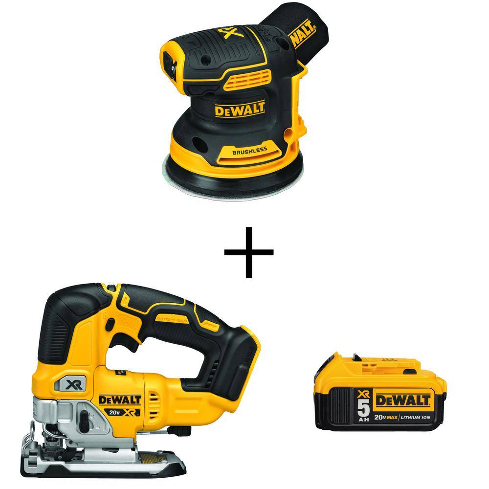 DEWALT  20V MAX XR Cordless Brushless 5 in. Random Orbital Sander. 20V MAX XR Cordless Jigsaw. and (1) 20V 5.0Ah Battery
