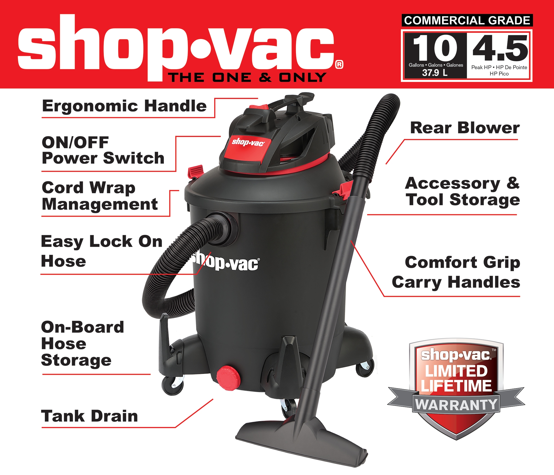 Shop-Vac 10-Gallons 4.5-HP Corded Shop Vacuum with Accessories Included