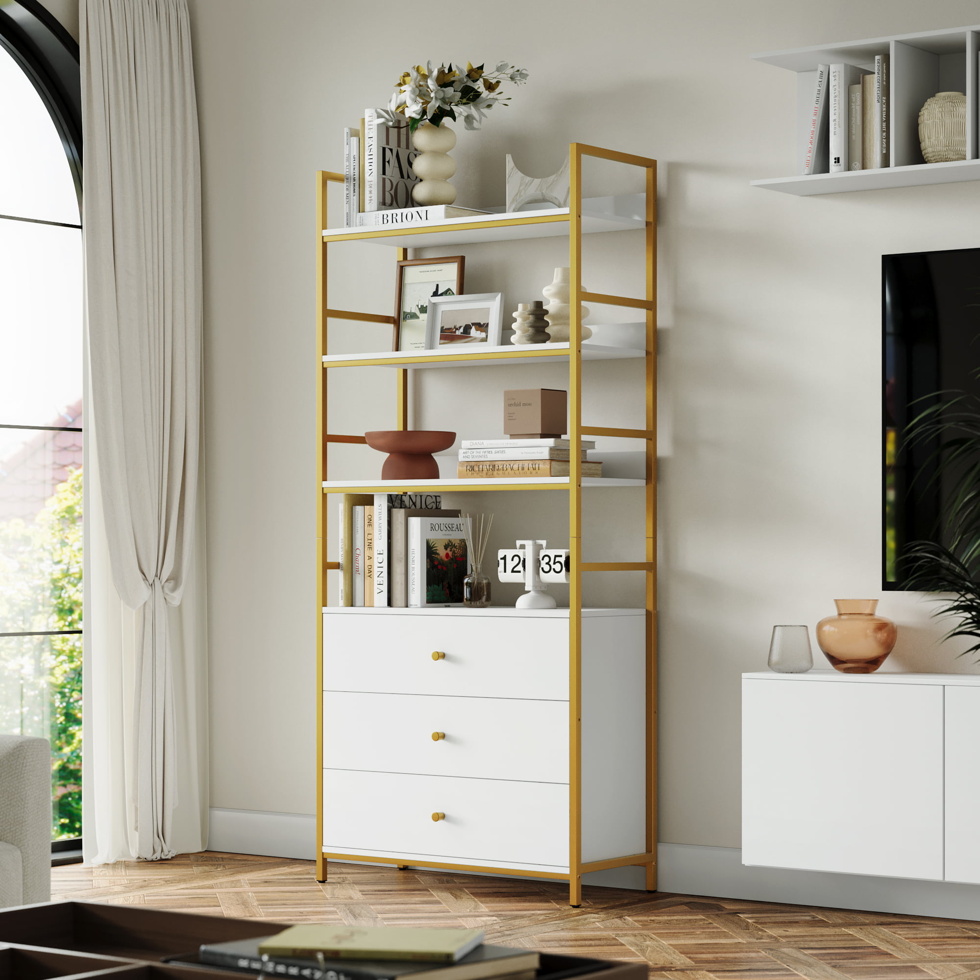 Homfa 4 Tier Gold Bookcase with 3 Drawers. Free Standing Bookshelf with Metal Frame for Office Study Room. White Finish