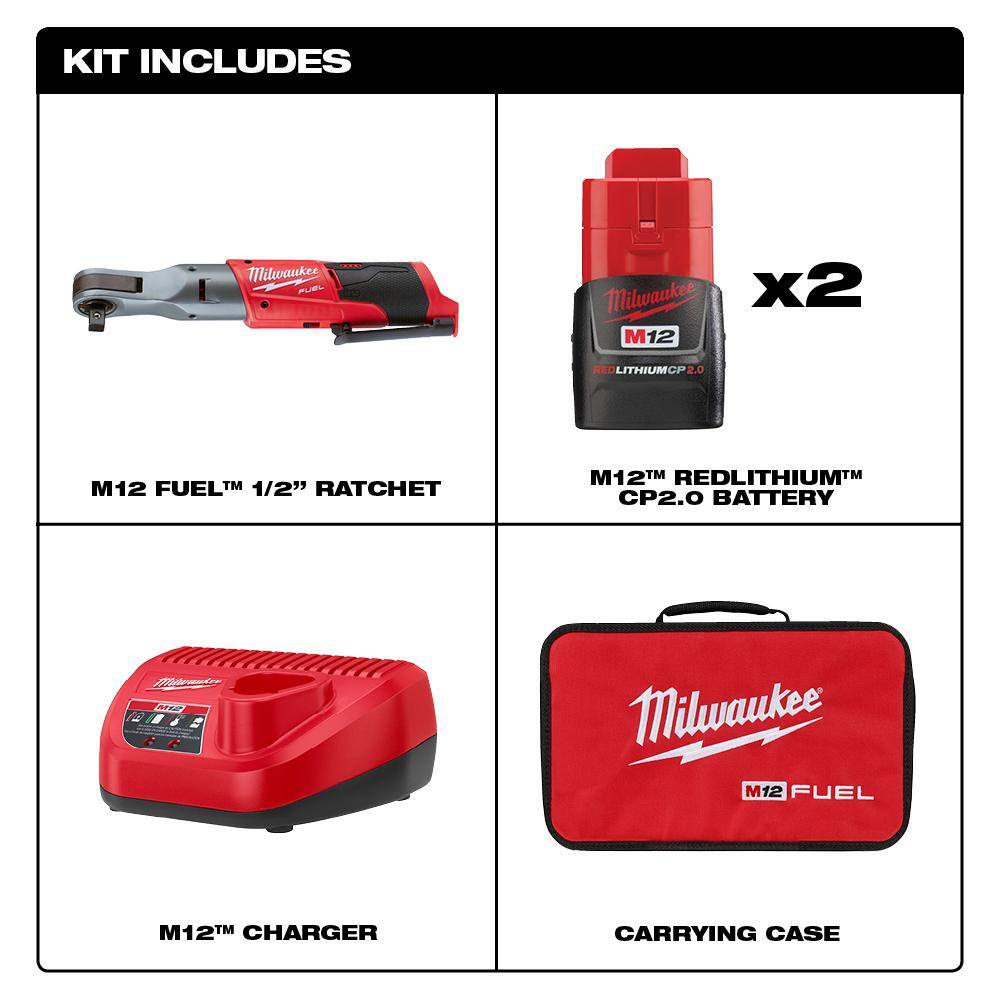 Milwaukee 2558-22 M12 FUEL 12V Lithium-Ion Brushless Cordless 1/2 in. Ratchet Kit W/ (2) 2.0Ah Batteries. Charger & Tool Bag