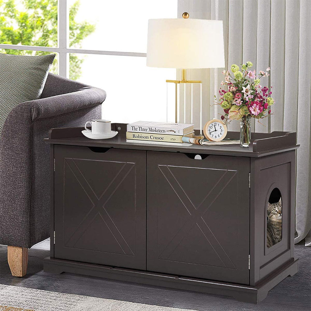 Wooden Indoor Cat Litter Box Enclosure Cabinet. Furniture Side Table Storage Bench for Living Room