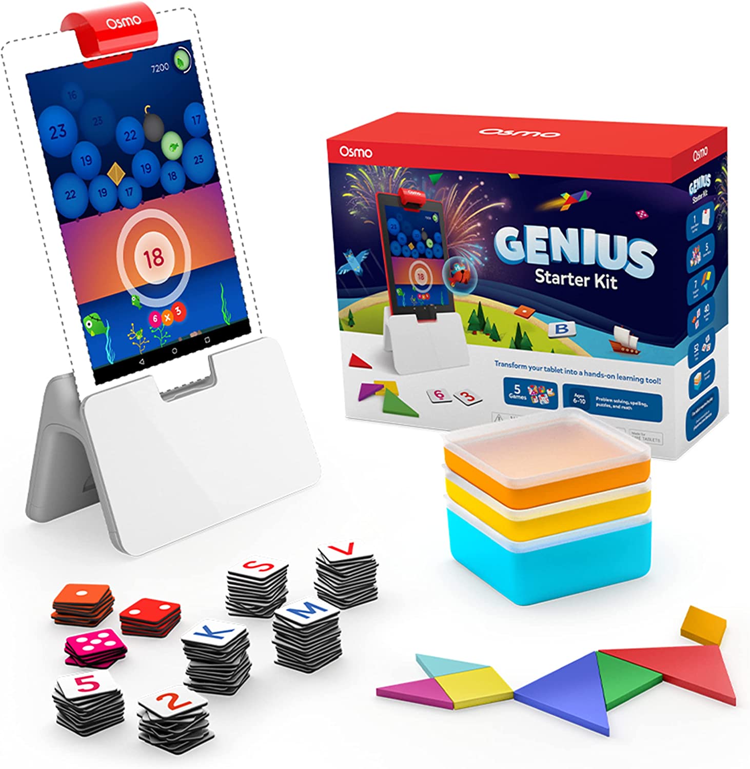 Osmo - Genius Starter Kit for Fire Tablet - 5 Educational Learning Games-Ages 6-10-Spelling. Math. Creativity & More-STEM Toy Gifts for Kids 6 7 8 9 10(Osmo Fire Tablet Base Included-Amazon Exclusive)