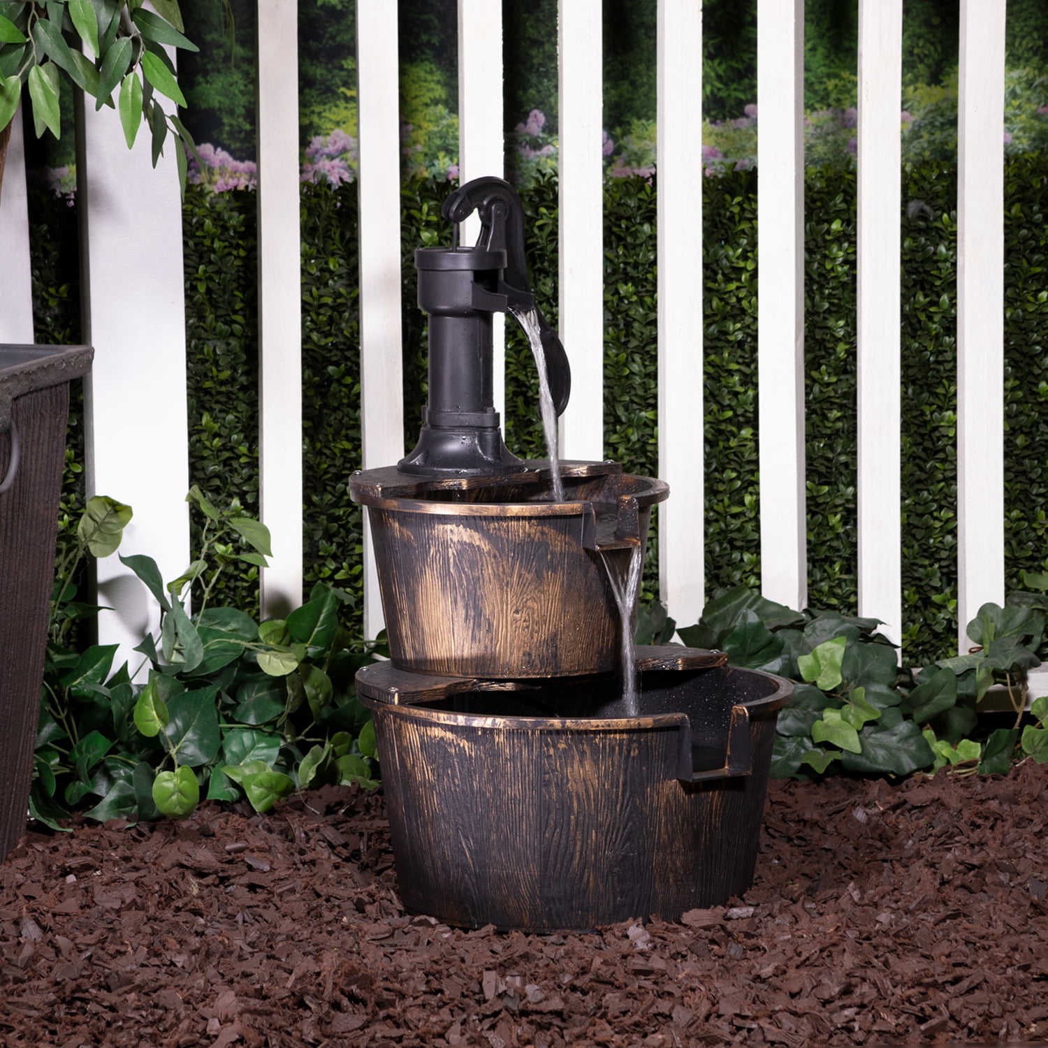 Alpine Corporation 27″ Two-Tier Barrel & Pump Outdoor Fountain. Bronze