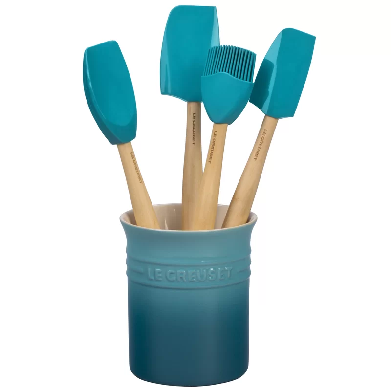 Le Creuset JS450-17 Silicone Craft Series Utensil Set with Stoneware Crock. 5 pc.. Caribbean