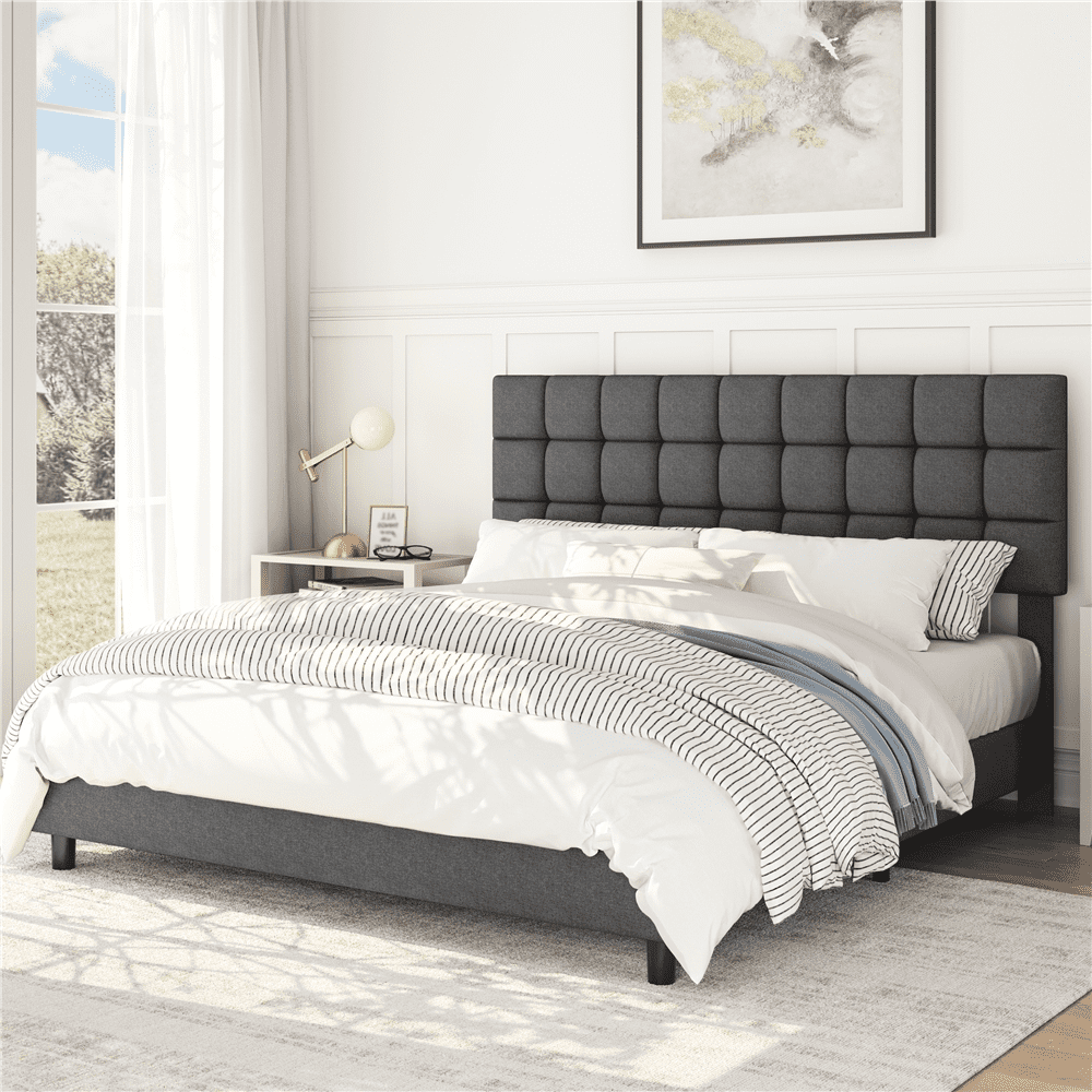 Alden Design Upholstered Tufted Platform King Bed. Dark Gray