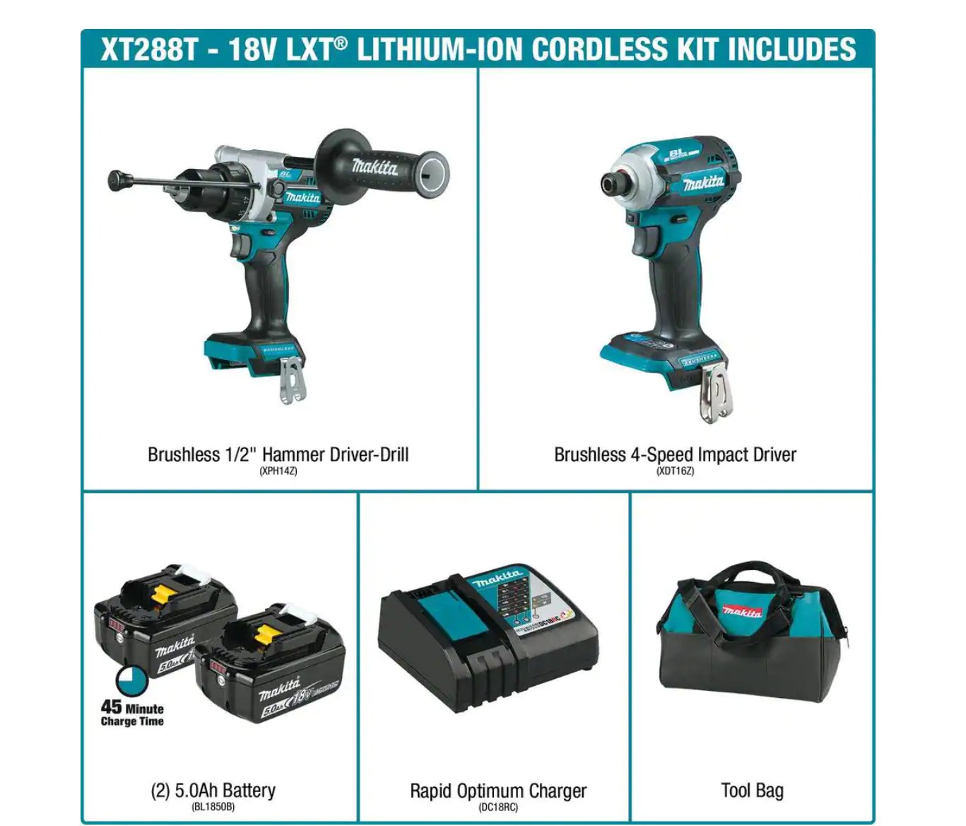 Makita XT288T 18V LXT Lithium-Ion Brushless Cordless Combo Kit 5.0 Ah (2-Piece)