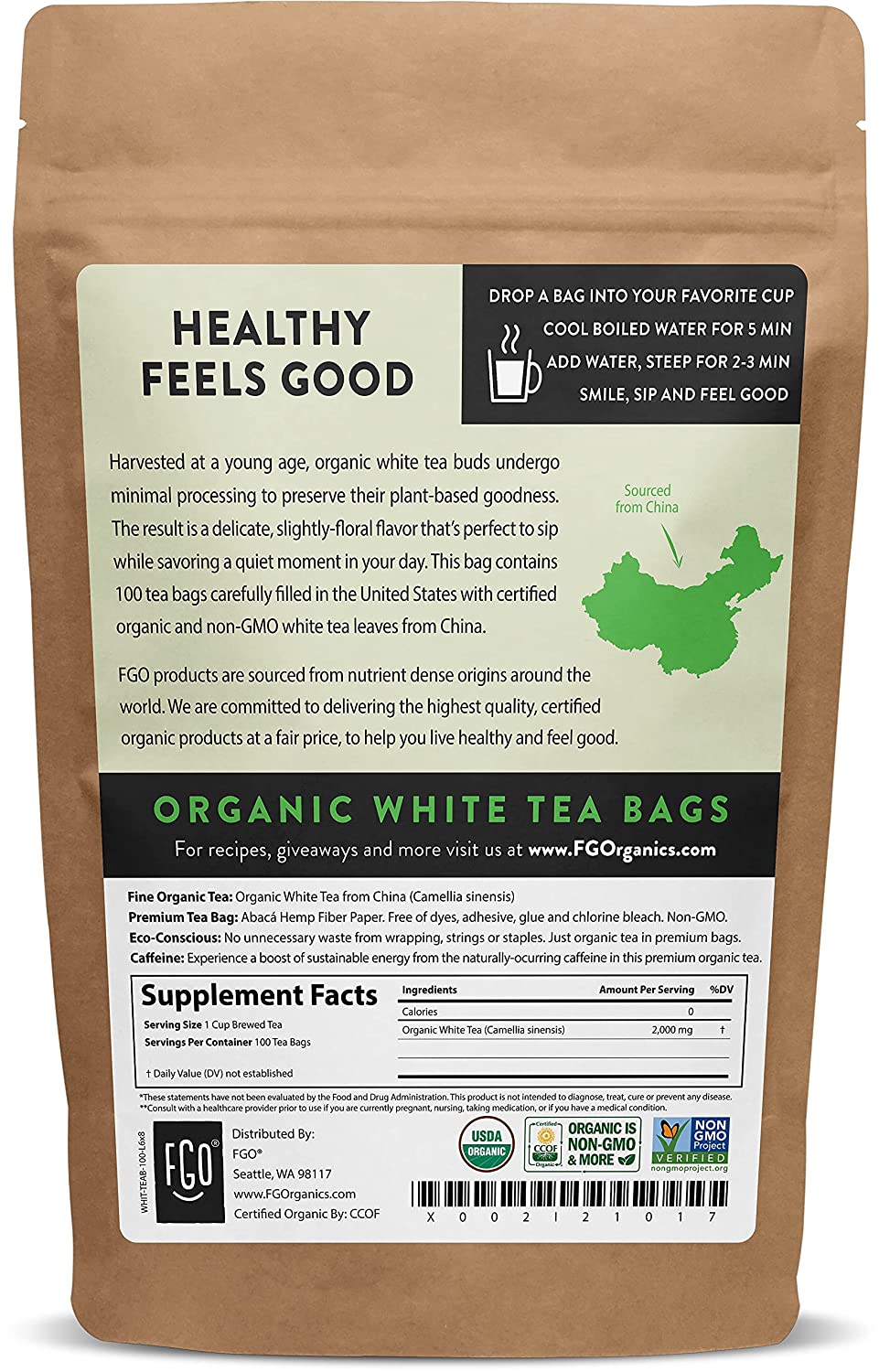 FGO Organic White Tea Bags 100 Tea Bags Eco-Conscious Tea Bags in Kraft Bag Raw from China