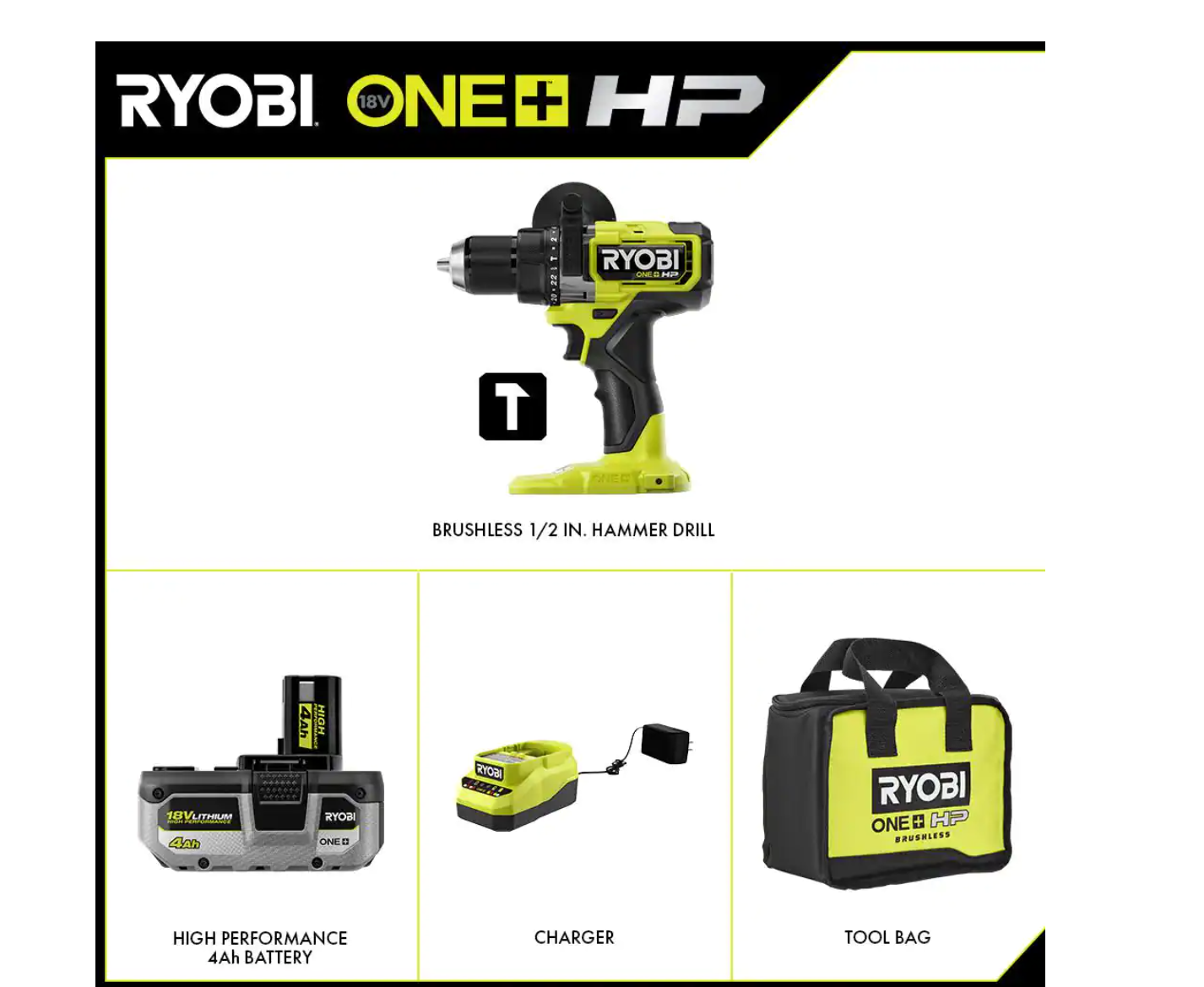 RYOBI PBLHM101K ONE+ HP 18V Brushless Cordless 1/2 in. Hammer Drill Kit with (1) 4.0 Ah High Performance Battery. Charger. and Tool Bag