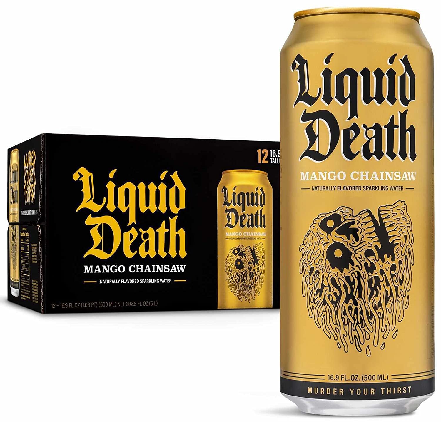 Liquid Death Sparkling Water. Mango Chainsaw 16.9 oz. Tallboys (12-Pack)