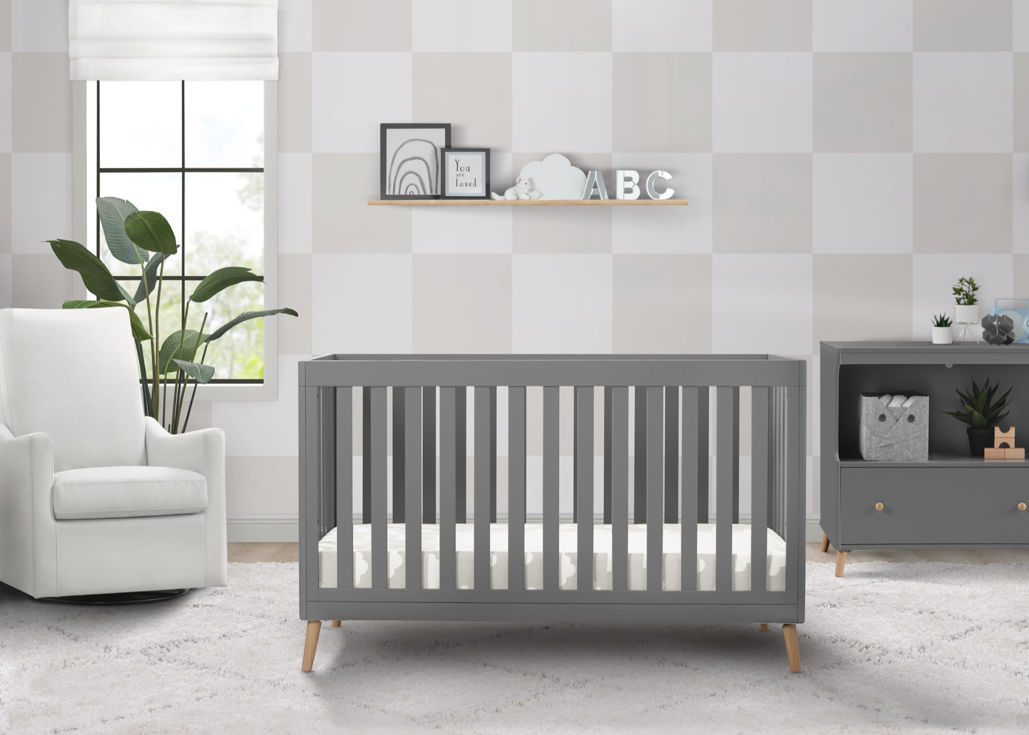 Delta Children Essex 4-in-1 Convertible Baby Crib. Grey/Natural Legs
