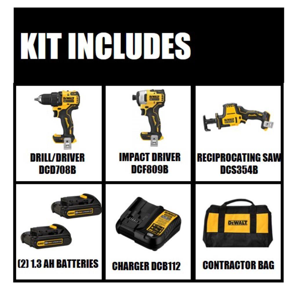 DEWALT DCK278C2W369B ATOMIC 20V MAX Cordless Brushless Compact Drill/Impact 2 Tool Combo Kit. 20V Reciprocating Saw. and (2) 1.3Ah Batteries