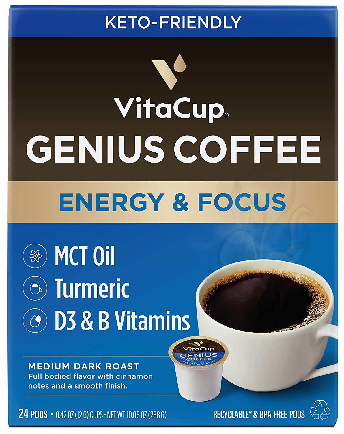 VitaCup Genius Coffee Pods. Increase Energy & Focus with MCT Oil. Turmeric. B Vitamins. D3. Medium Dark Roast. Bold. Smooth. Recyclable Single Serve Pod Compatible with Keurig K-Cup Brewers.24 Ct