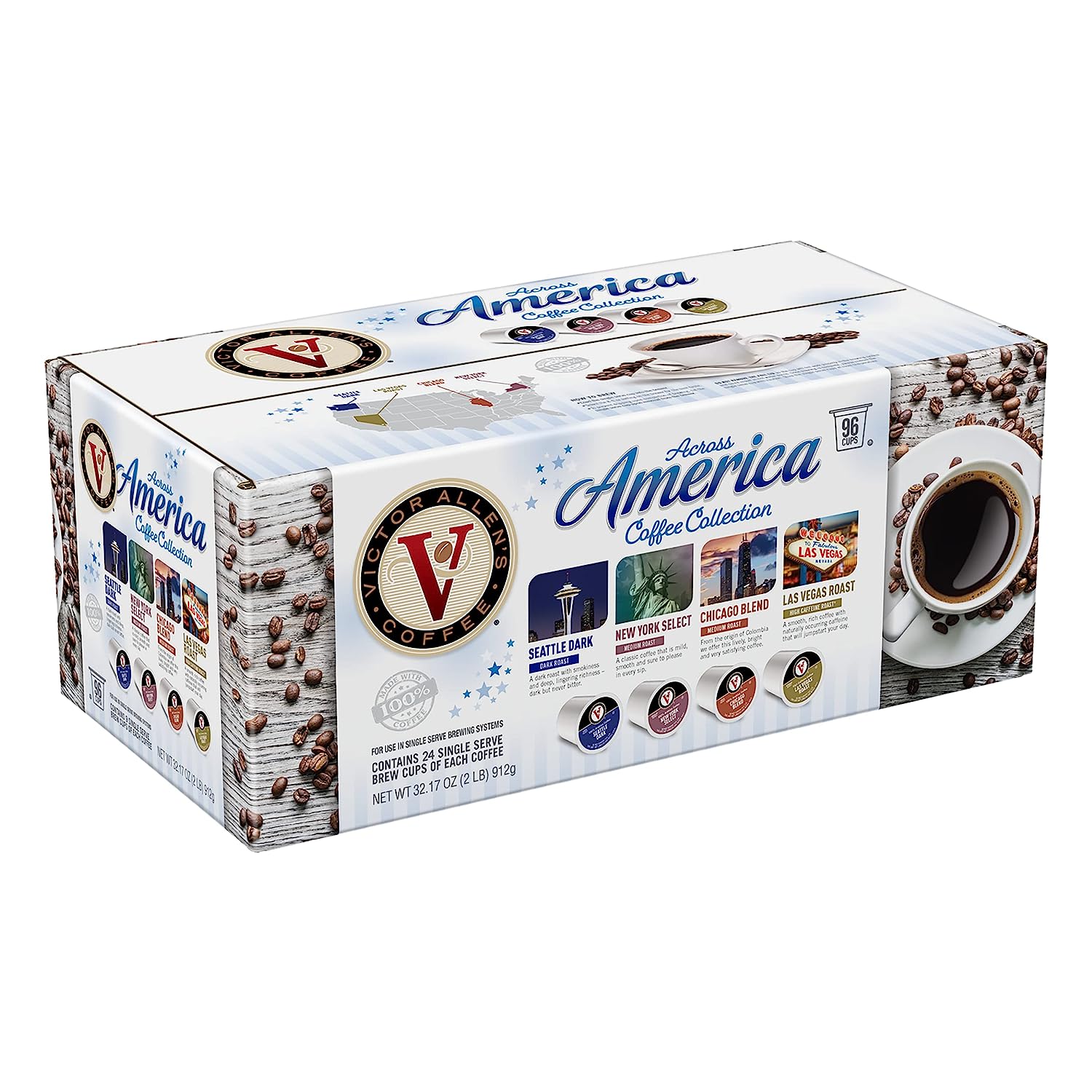 Victor Allen-s Coffee Across America Variety Pack (Seattle Dark. New York Select. Chicago Blend. Las Vegas Roast). 96 Count. Single Serve Coffee Pods for Keurig K-Cup Brewers