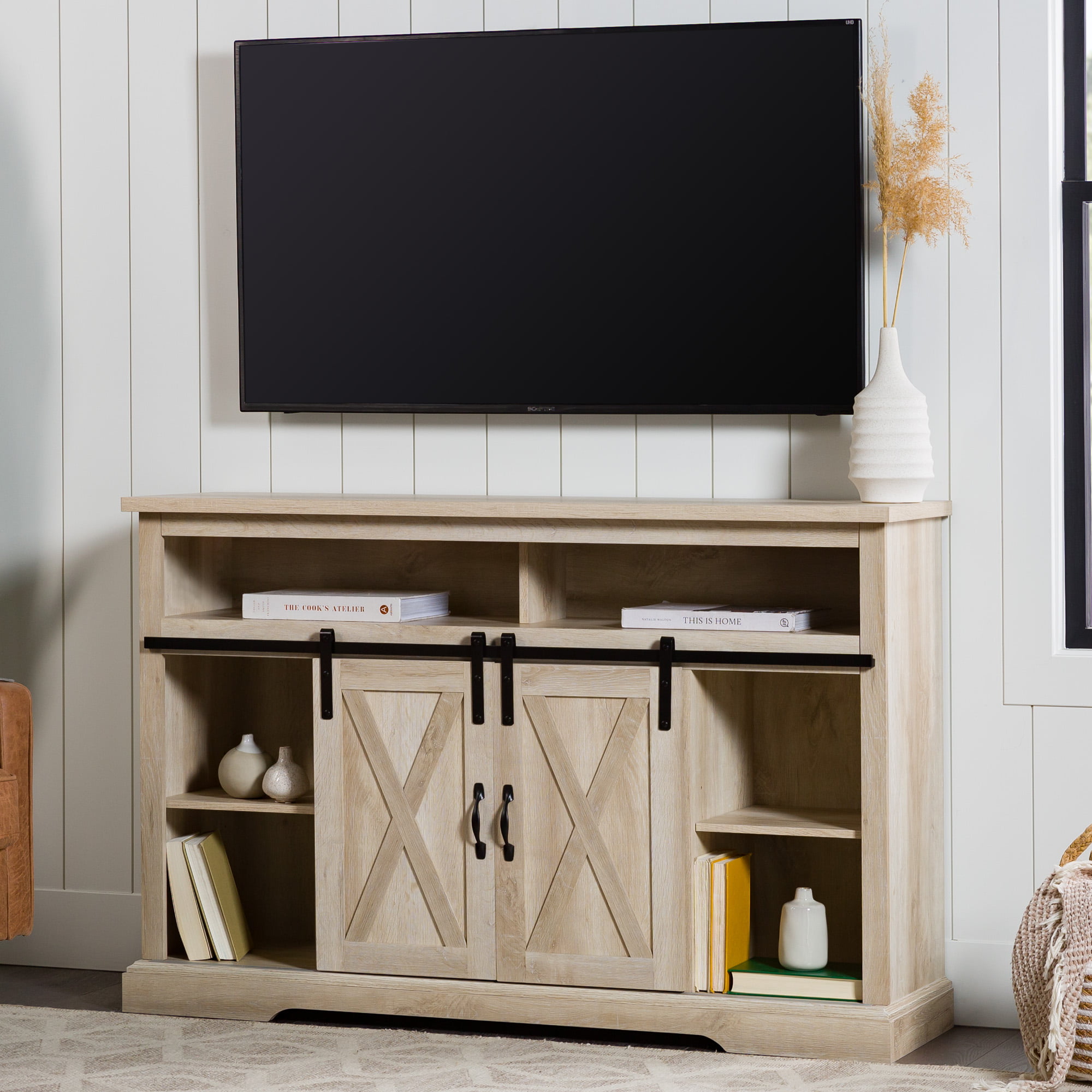 Woven Paths Farmhouse Barn Door TV Stand for TVs up to 58″. White Oak