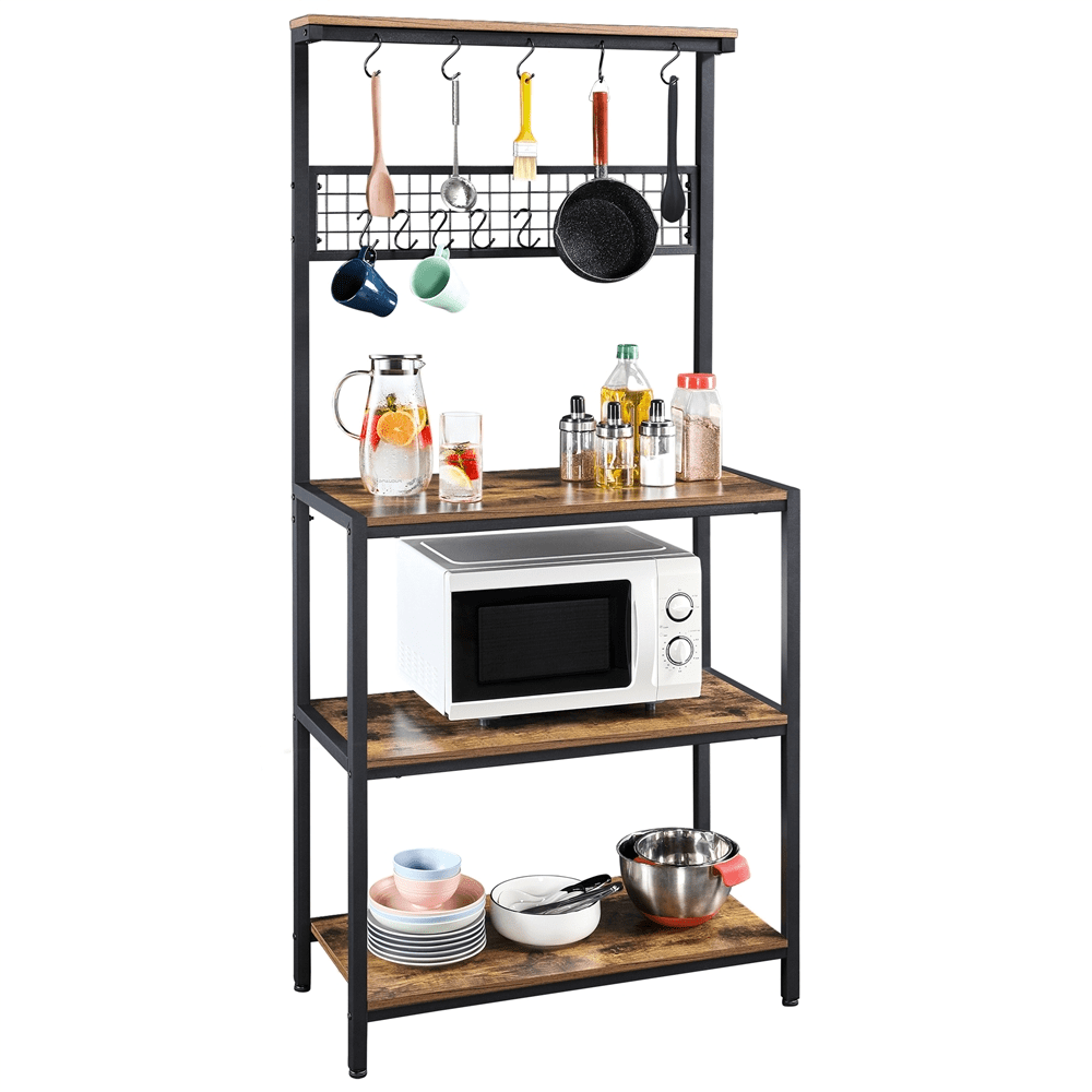 Alden Design 67″ Wooden Kitchen Bakers Rack with Storage Shelves & 10 Hooks. Rustic Brown
